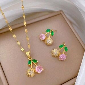 Elegant Gold and Pink Cherry Jewelry Set